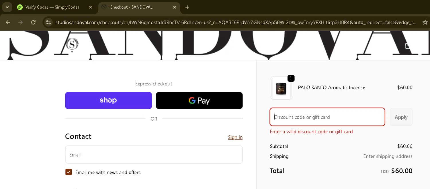 Sandoval promo code screenshot showing code HDAY25 applied at Sandoval checkout page. Uploaded by SimplyCodes community member ManTheWeed on Dec 21, 2025