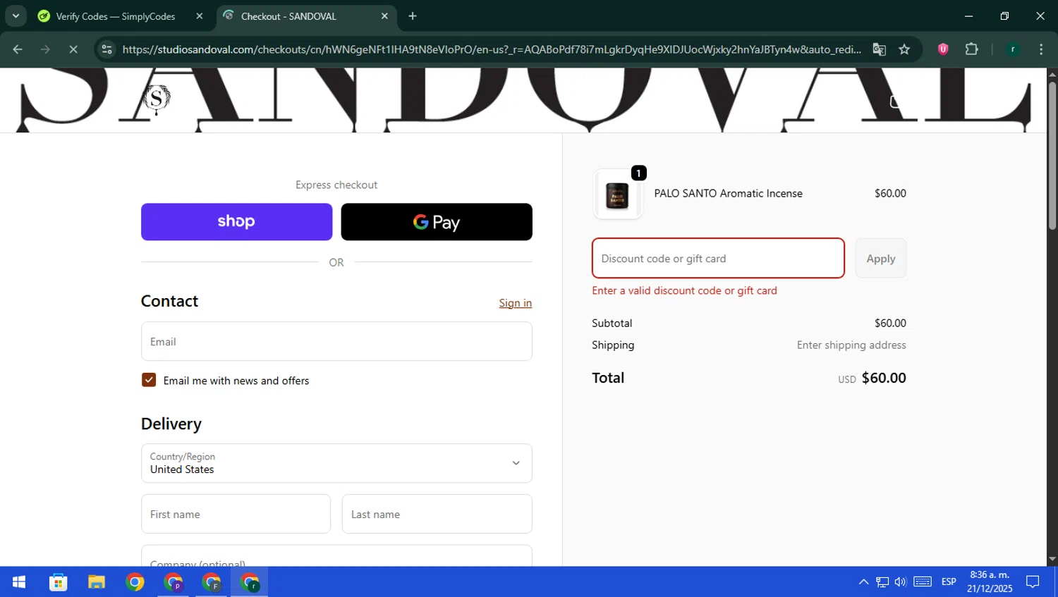 Sandoval promo code screenshot showing code HDAY25 applied at Sandoval checkout page. Uploaded by SimplyCodes community member rodri1 on Dec 21, 2025