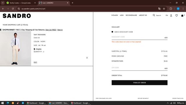Sandro Paris checkout page showing Sandro Paris promo code box | Screenshot taken by SimplyCodes community member on Apr 13, 2025