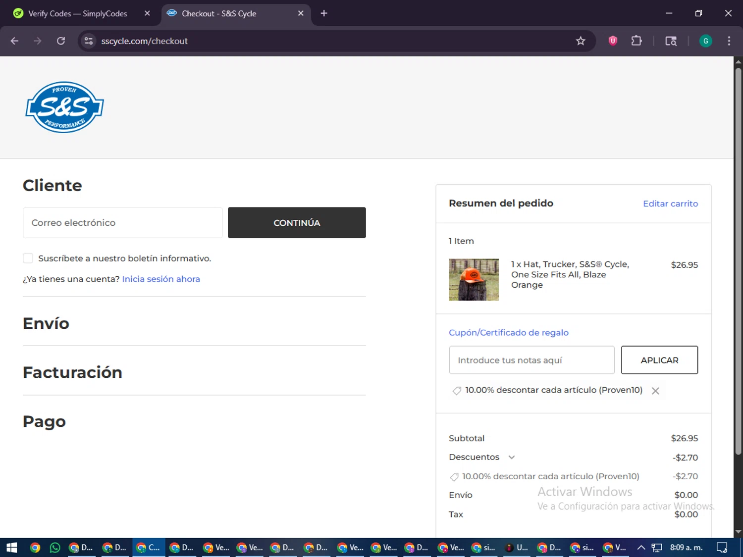 S&S Cycle promo code screenshot showing code PROVEN10 applied at S&S Cycle checkout page. Uploaded by SimplyCodes community member PennyFinder5759 on Jan 10, 2026