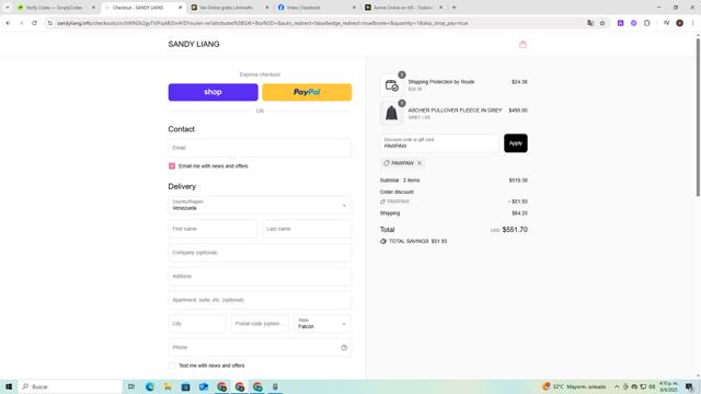 Sandy Liang checkout page showing Sandy Liang discount code box | Screenshot taken by SimplyCodes community member on Sep 8, 2025