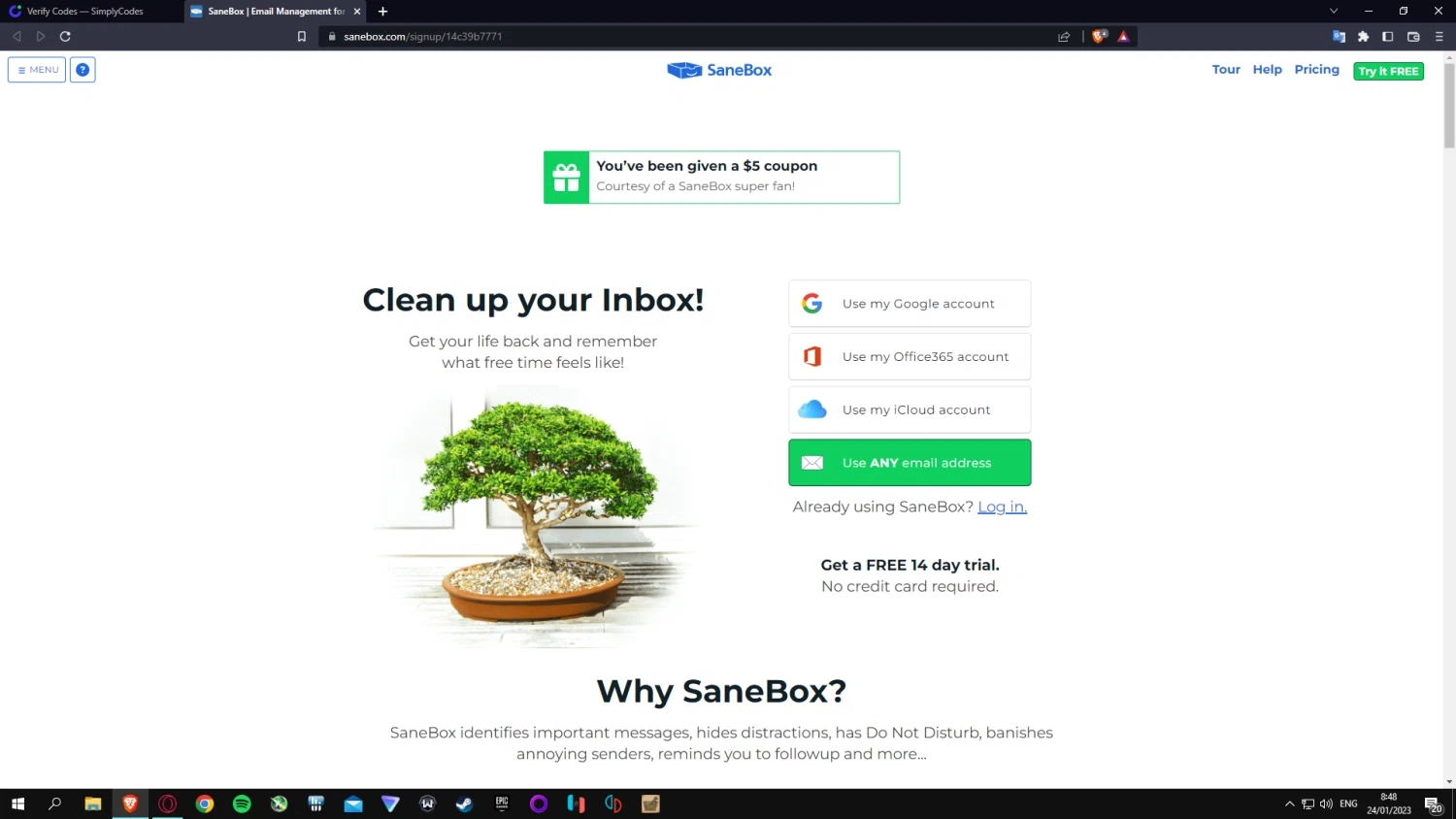 where to use SaneBox promo code box