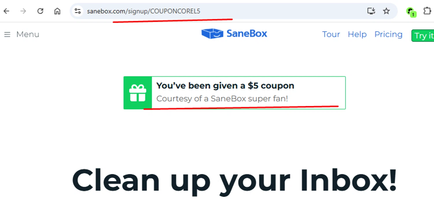 SaneBox promo code screenshot showing code COUPONCOREL5 applied at SaneBox checkout page. Uploaded by SimplyCodes community member paola49520 on Jan 29, 2026