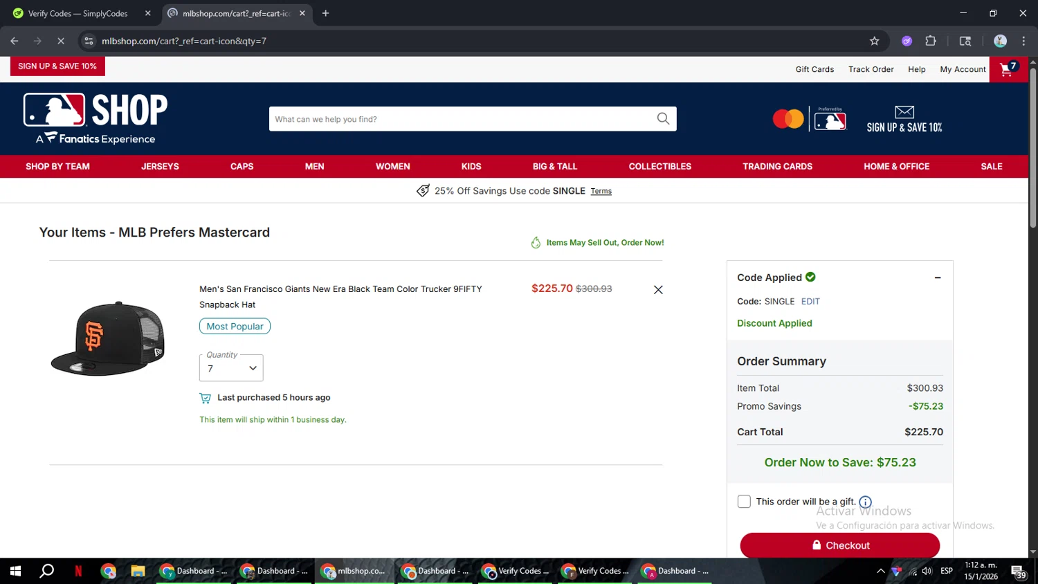 San Francisco Giants coupon code screenshot showing code SINGLE applied at San Francisco Giants checkout page. Uploaded by SimplyCodes community member ShrewdSeeker6165 on Jan 15, 2026