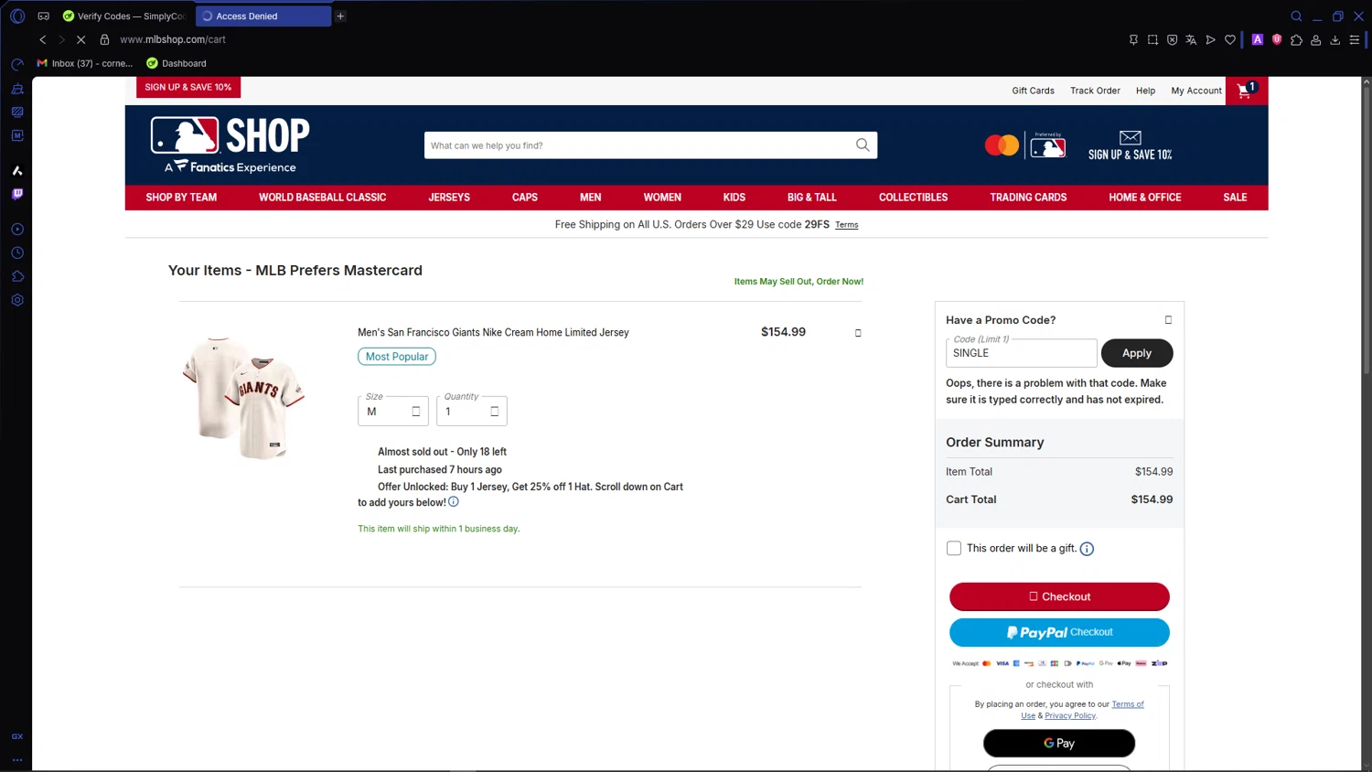 San Francisco Giants coupon code screenshot showing code SINGLE applied at San Francisco Giants checkout page. Uploaded by SimplyCodes community member VictoriousCaptain3902 on Feb 16, 2026