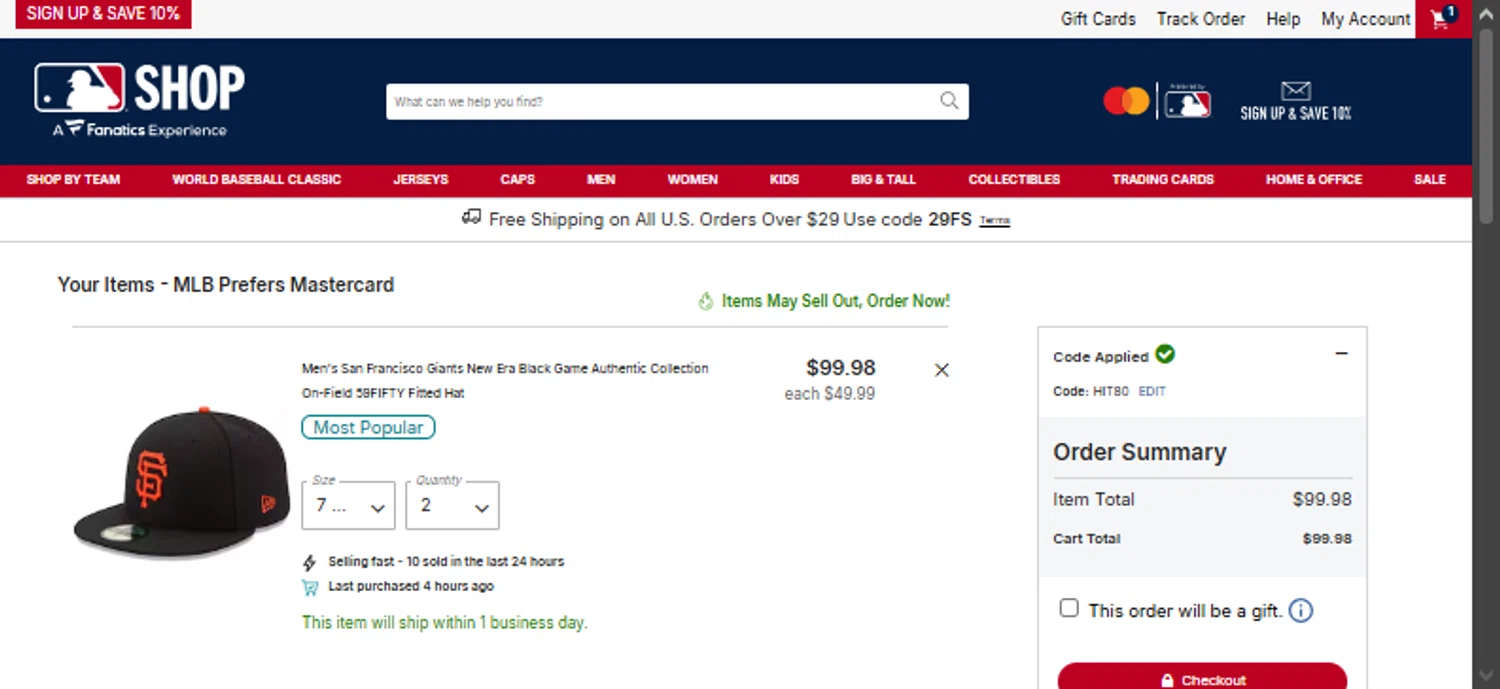 San Francisco Giants checkout page showing San Francisco Giants coupon code box | Screenshot taken by SimplyCodes community member on Jan 30, 2026