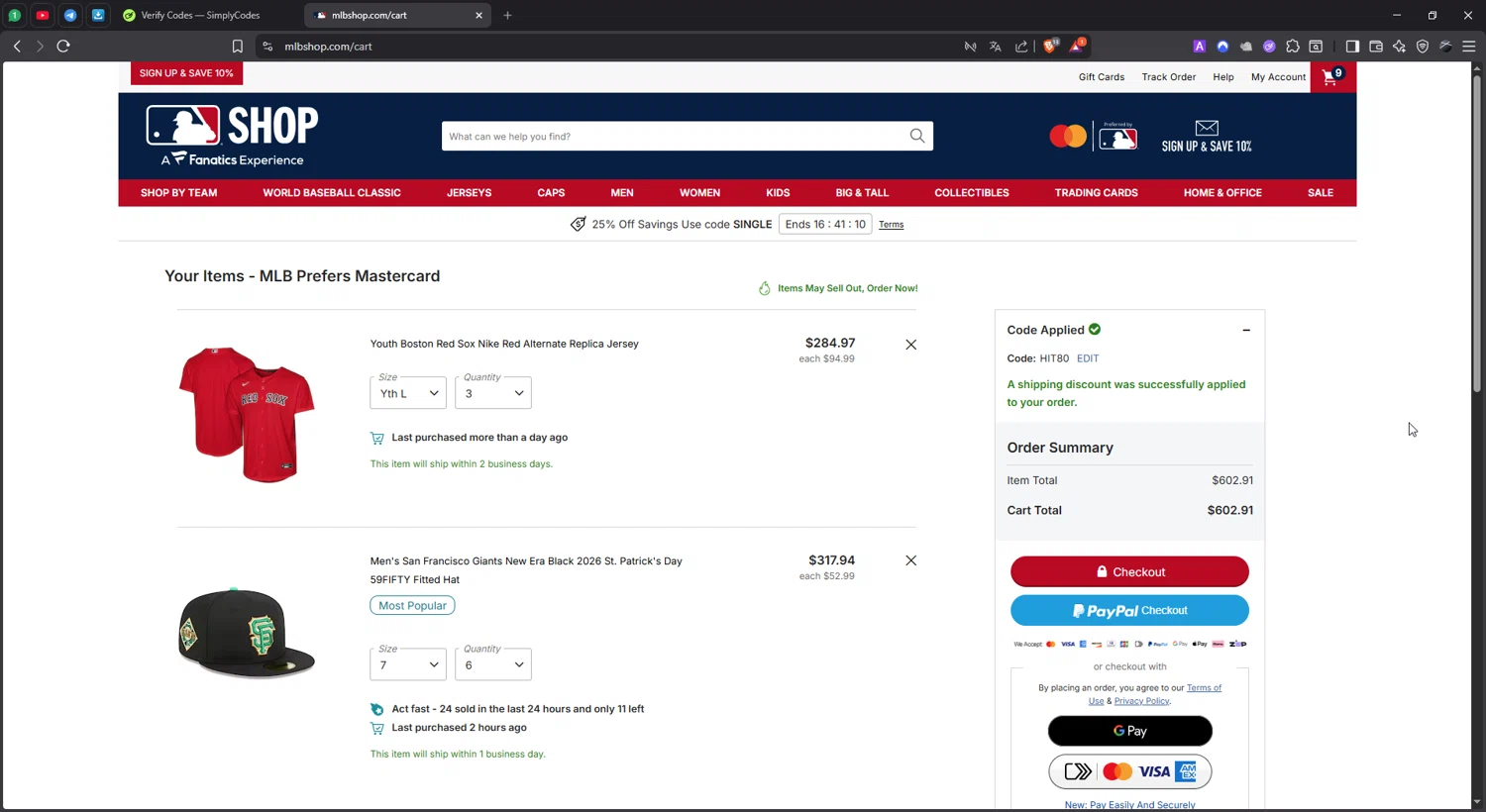 San Francisco Giants checkout page showing San Francisco Giants coupon code box | Screenshot taken by SimplyCodes community member on Feb 21, 2026