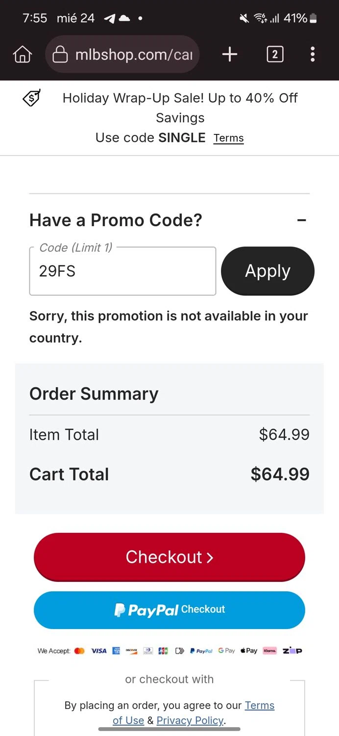San Francisco Giants checkout page showing San Francisco Giants coupon code box | Screenshot taken by SimplyCodes community member on Dec 24, 2025