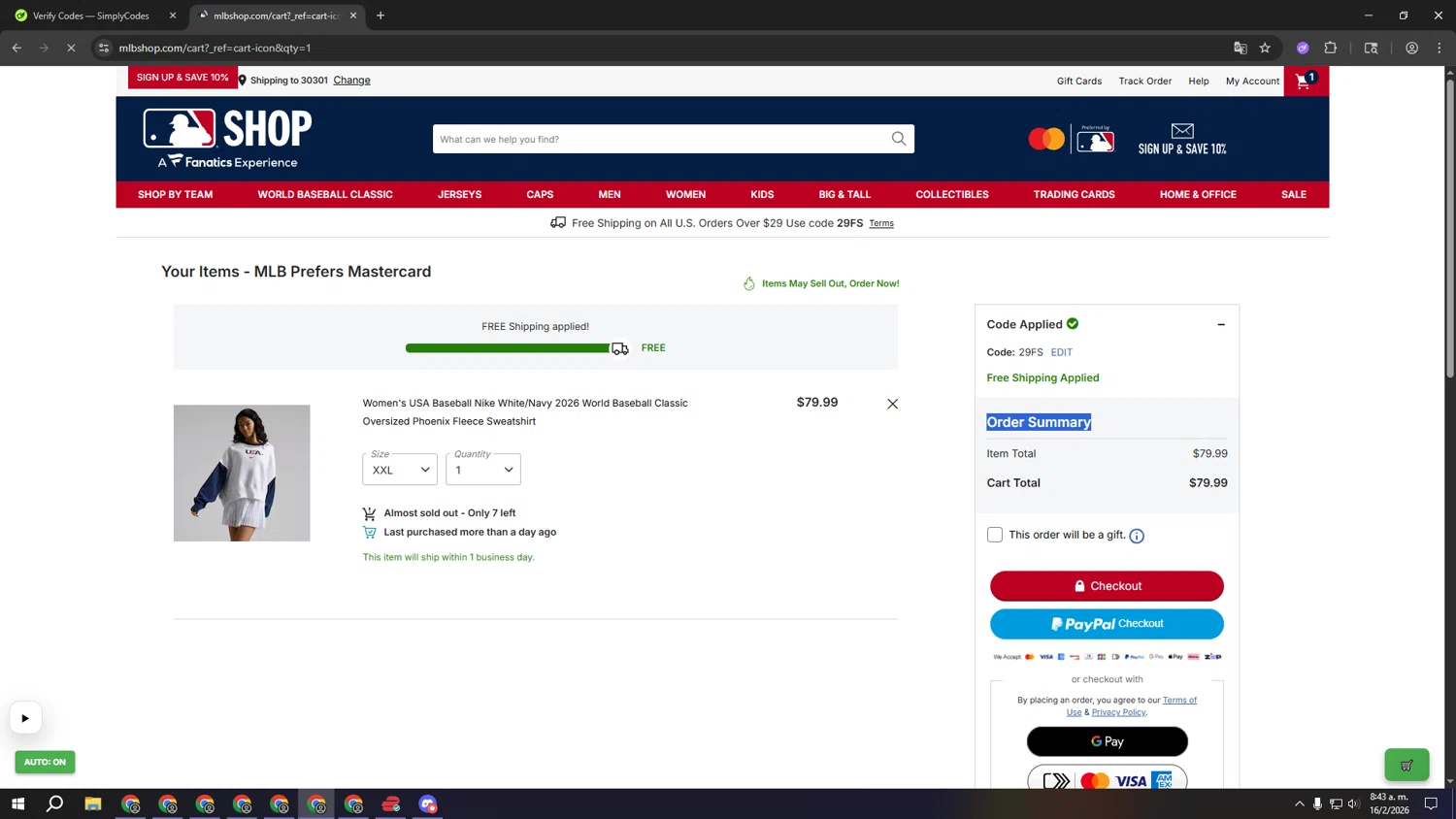 San Francisco Giants checkout page showing San Francisco Giants coupon code box | Screenshot taken by SimplyCodes community member on Feb 16, 2026