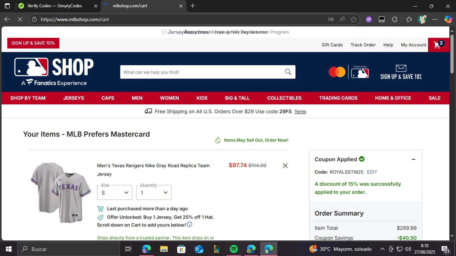 San Francisco Giants coupon code screenshot showing code ROYALSSTM25 applied at San Francisco Giants checkout page. Uploaded by SimplyCodes community member CashCollector4109 on Aug 27, 2025
