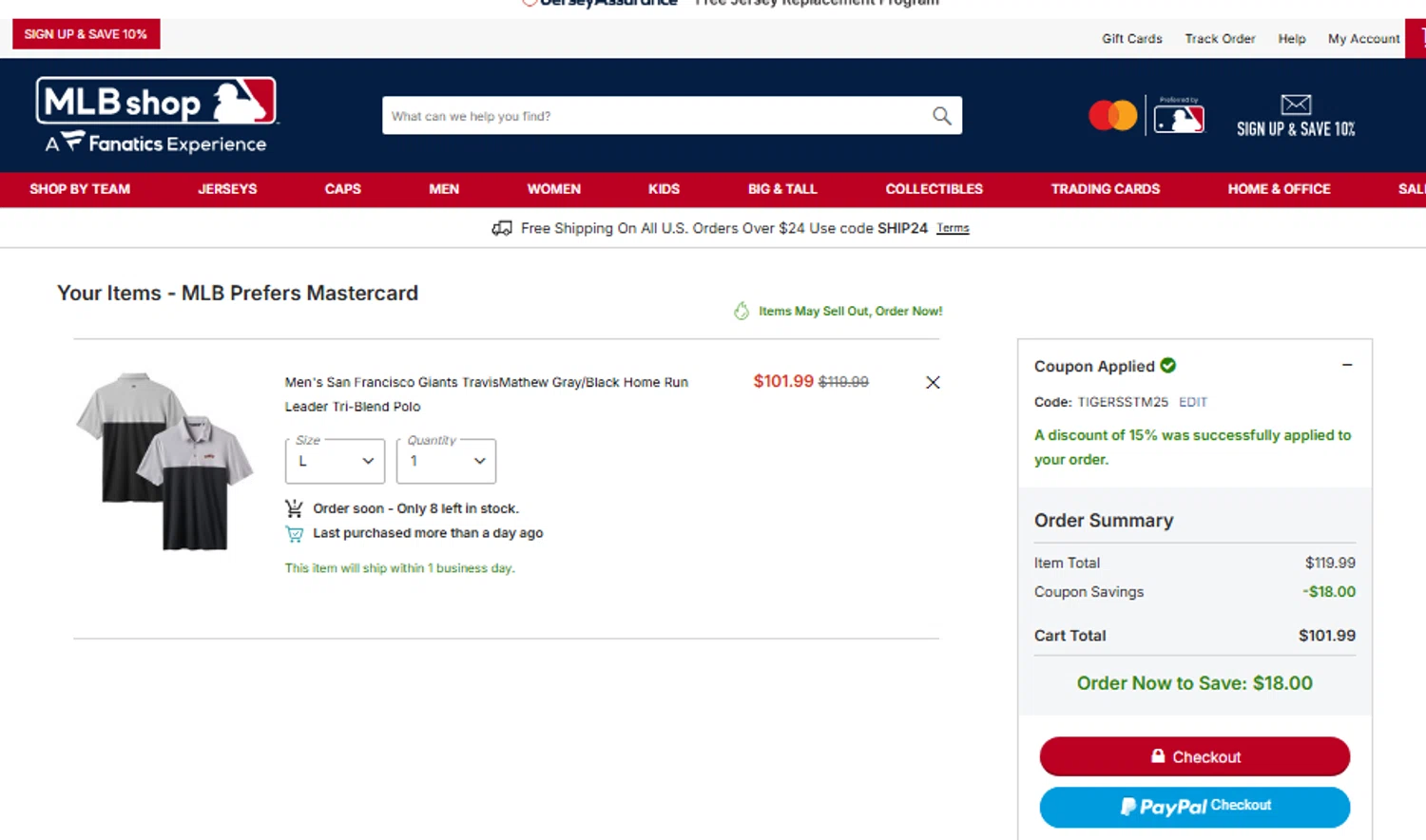 San Francisco Giants coupon code screenshot showing code TIGERSSTM25 applied at San Francisco Giants checkout page. Uploaded by SimplyCodes community member CouponLion324 on Jun 21, 2025