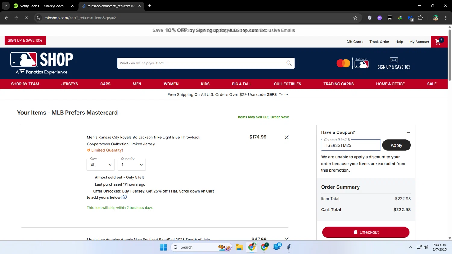 San Francisco Giants coupon code screenshot showing code TIGERSSTM25 applied at San Francisco Giants checkout page. Uploaded by SimplyCodes community member franalepe on Jul 2, 2025