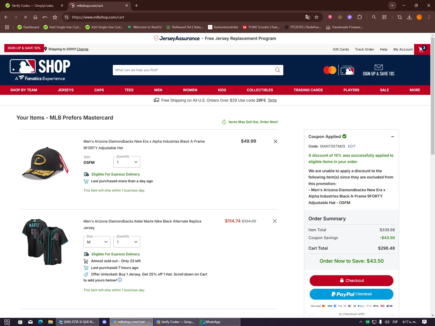 San Francisco Giants coupon code screenshot showing code GIANTSSTM25 applied at San Francisco Giants checkout page. Uploaded by SimplyCodes community member Alalee on Sep 22, 2025