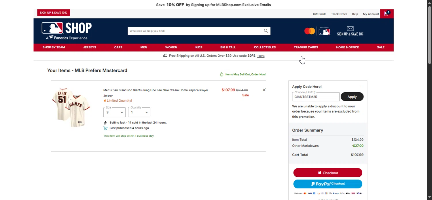 San Francisco Giants coupon code screenshot showing code GIANTSSTM25 applied at San Francisco Giants checkout page. Uploaded by SimplyCodes community member LuckyPioneer1027 on Jul 29, 2025