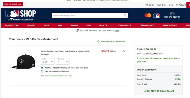 San Francisco Giants checkout page showing San Francisco Giants coupon code box | Screenshot taken by SimplyCodes community member on Oct 5, 2025