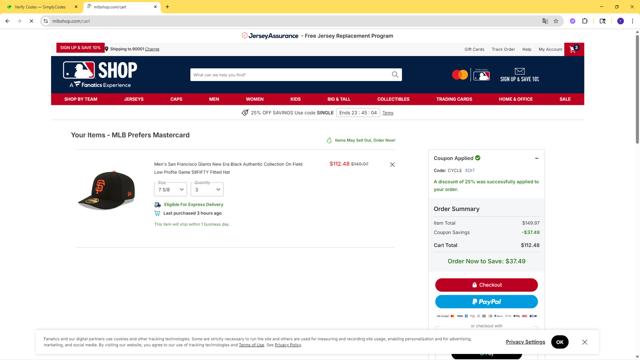 San Francisco Giants checkout page showing San Francisco Giants coupon code box | Screenshot taken by SimplyCodes community member on Sep 10, 2025