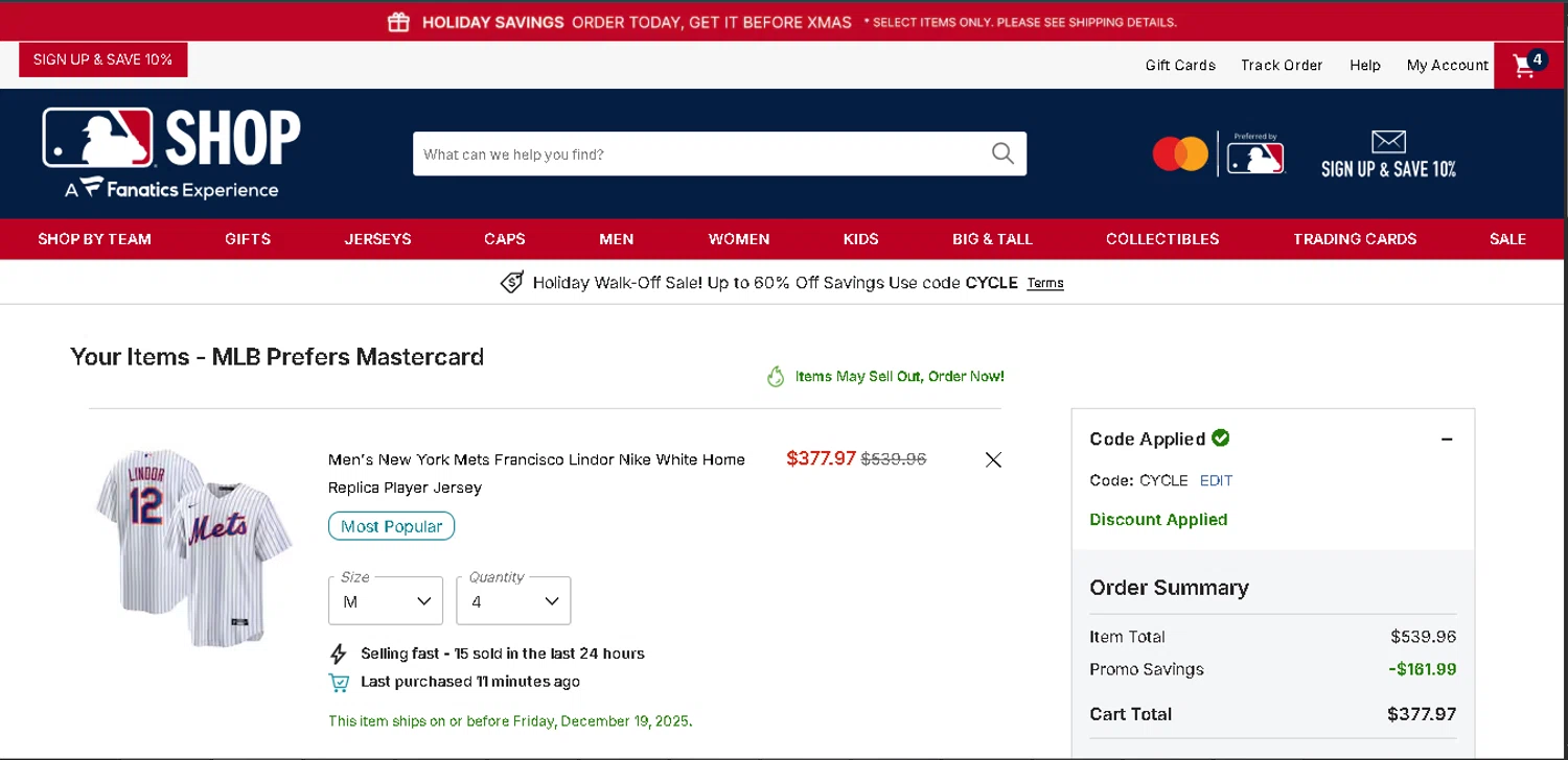 San Francisco Giants coupon code screenshot showing code CYCLE applied at San Francisco Giants checkout page. Uploaded by SimplyCodes community member BrilliantTitan7739 on Dec 19, 2025
