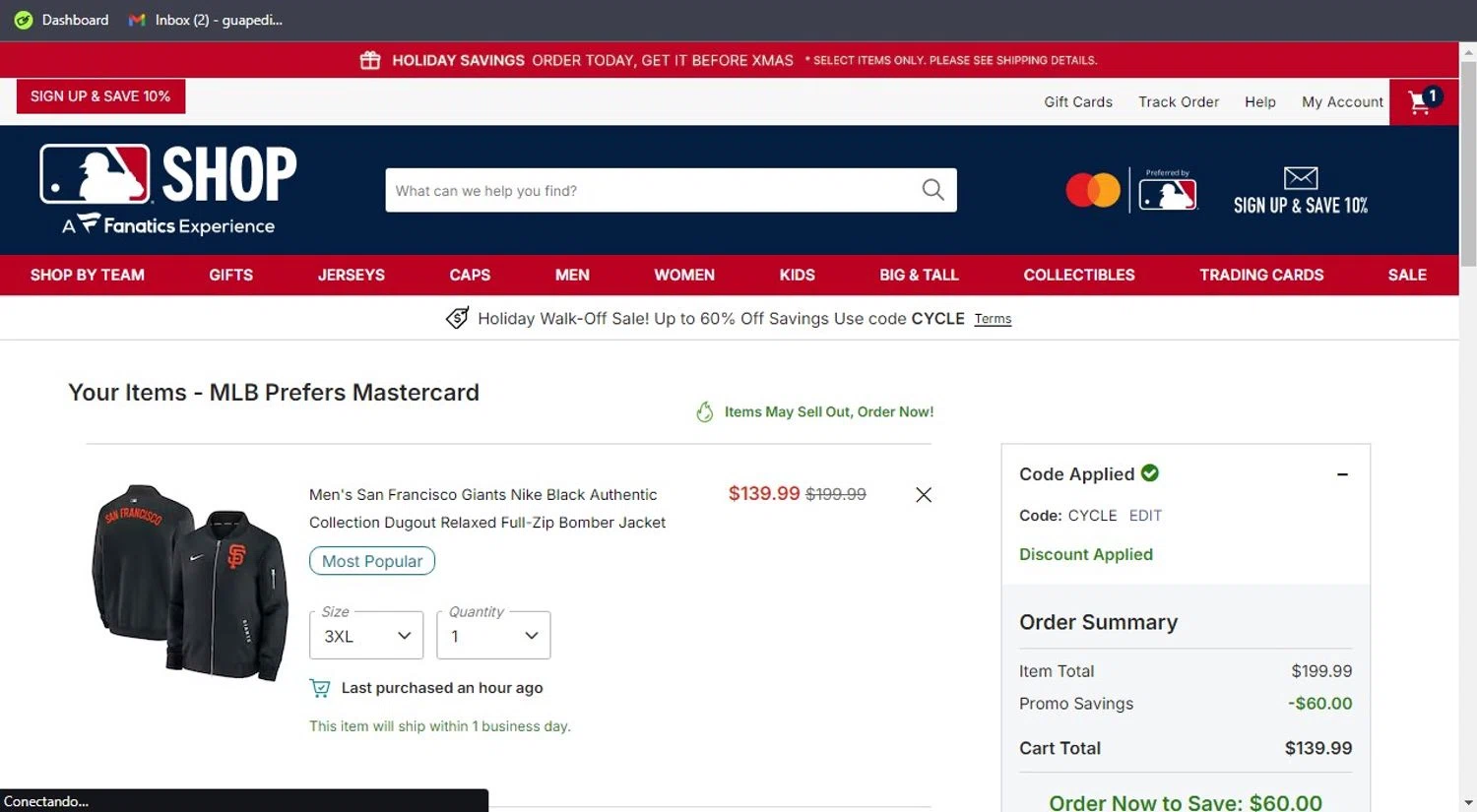 San Francisco Giants coupon code screenshot showing code CYCLE applied at San Francisco Giants checkout page. Uploaded by SimplyCodes community member PaticoBel on Dec 19, 2025