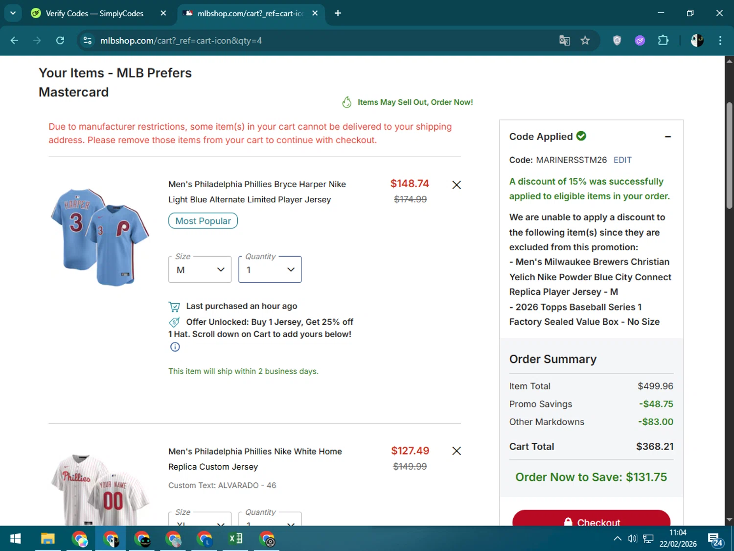 San Francisco Giants checkout page showing San Francisco Giants coupon code box | Screenshot taken by SimplyCodes community member on Feb 22, 2026
