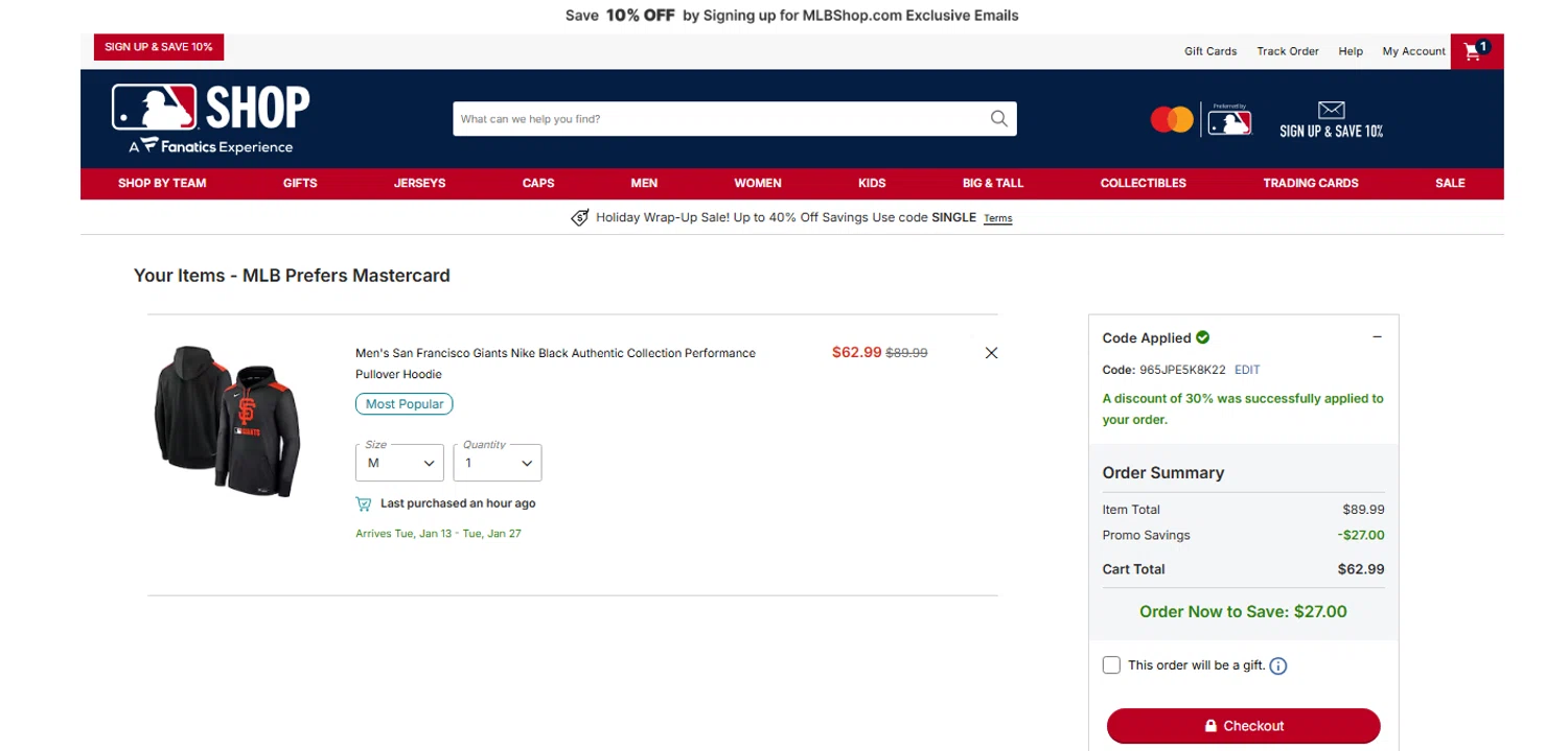 San Francisco Giants coupon code screenshot showing code 965JPE5K8K22 applied at San Francisco Giants checkout page. Uploaded by SimplyCodes community member OnlywM on Dec 26, 2025