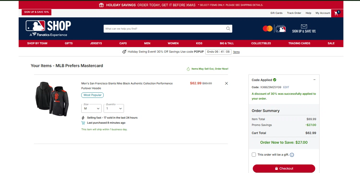 San Francisco Giants coupon code screenshot showing code X36BZ5MZ5YG9 applied at San Francisco Giants checkout page. Uploaded by SimplyCodes community member OnlywM on Dec 18, 2025