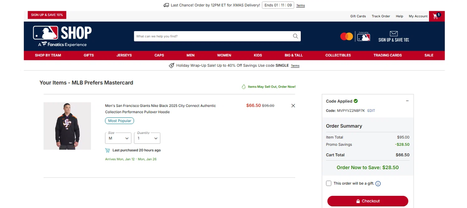 San Francisco Giants coupon code screenshot showing code MVPYVZ2N8P7K applied at San Francisco Giants checkout page. Uploaded by SimplyCodes community member OnlywM on Dec 22, 2025