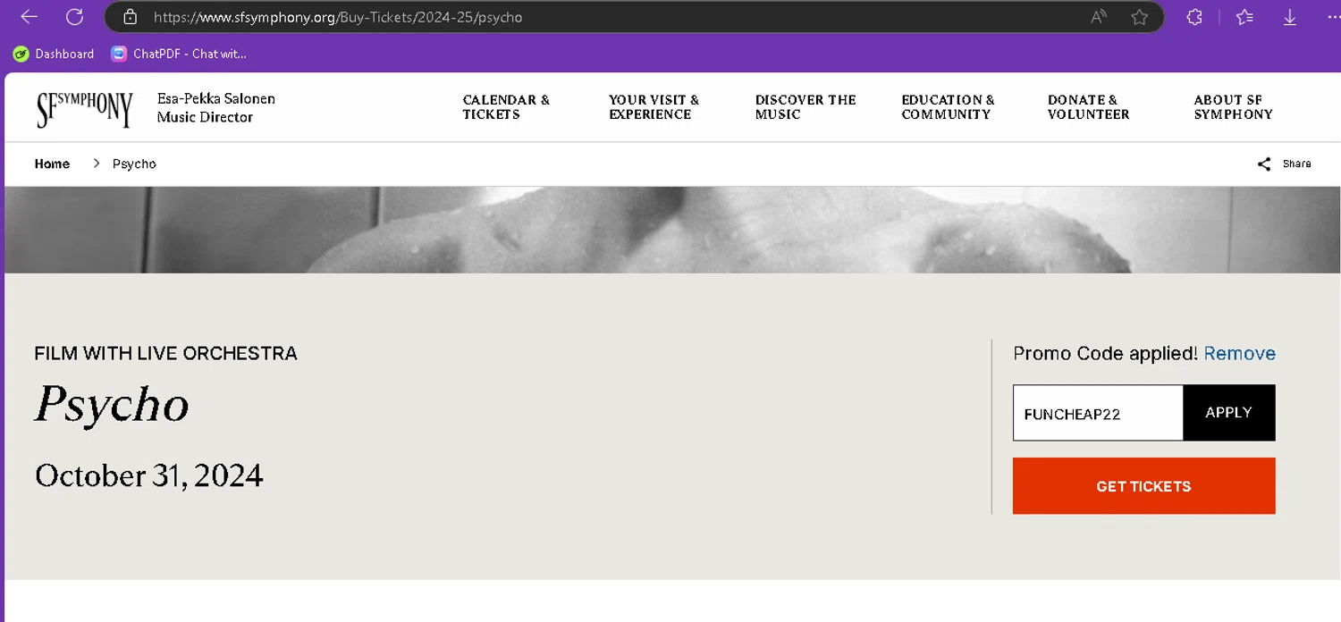 San Francisco Symphony checkout page showing San Francisco Symphony promo code box | Screenshot taken by SimplyCodes community member on Oct 31, 2024