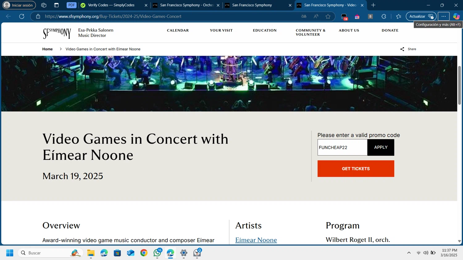 San Francisco Symphony promo code screenshot showing code FUNCHEAP22 applied at San Francisco Symphony checkout page. Uploaded by SimplyCodes community member Lamine_Yamal on Mar 17, 2025