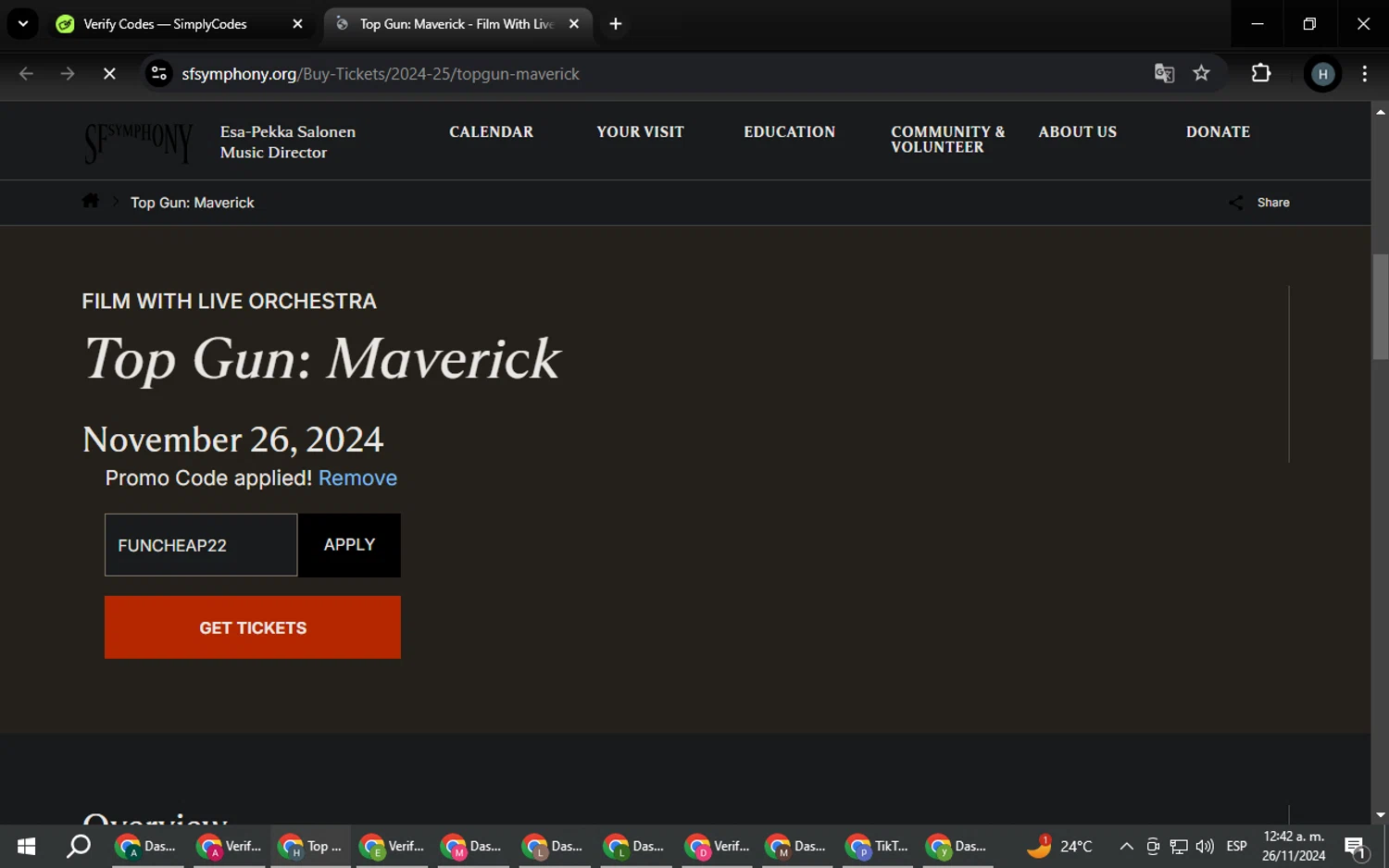 San Francisco Symphony checkout page showing San Francisco Symphony promo code box | Screenshot taken by SimplyCodes community member on Nov 26, 2024
