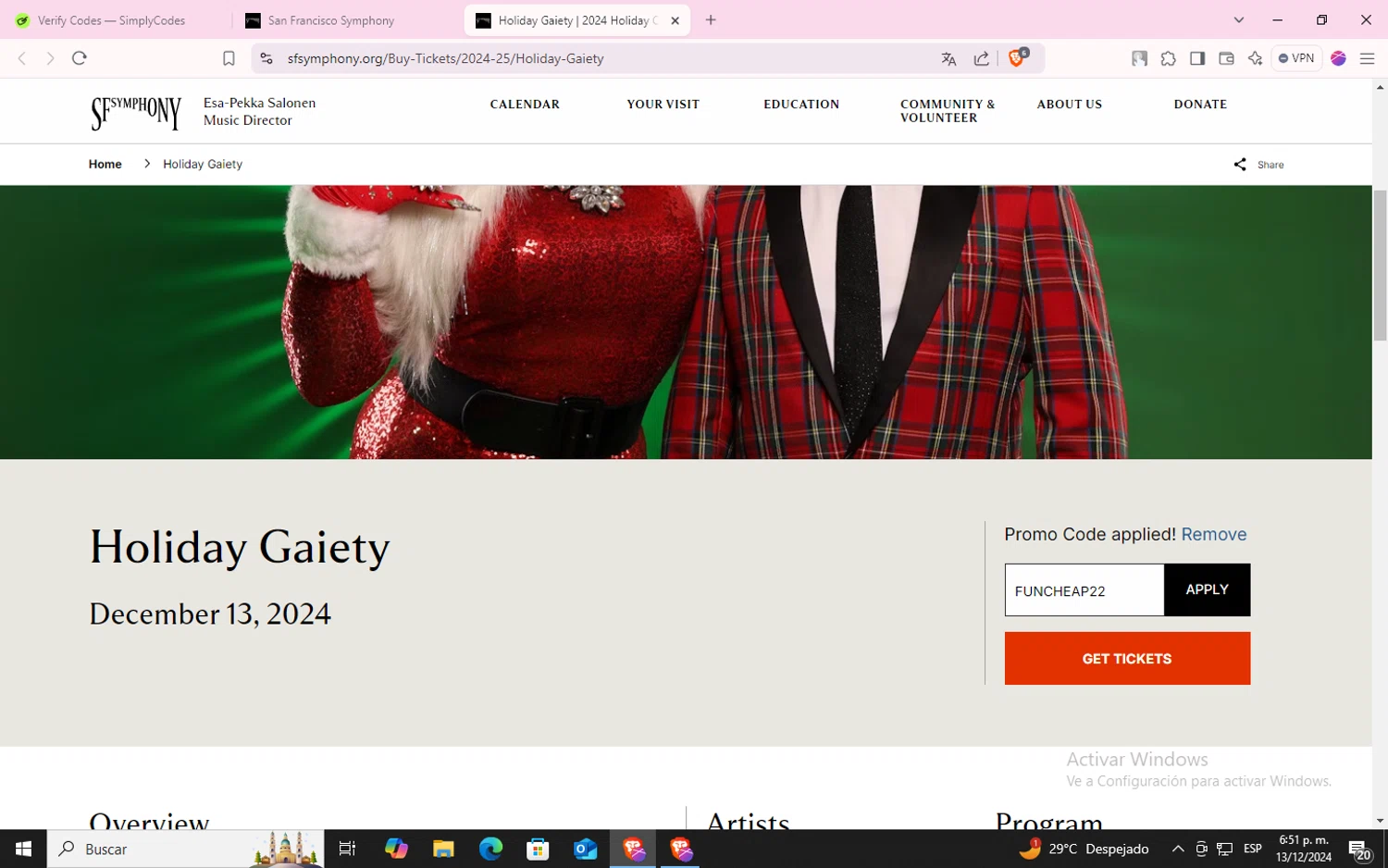 San Francisco Symphony checkout page showing San Francisco Symphony promo code box | Screenshot taken by SimplyCodes community member on Dec 13, 2024