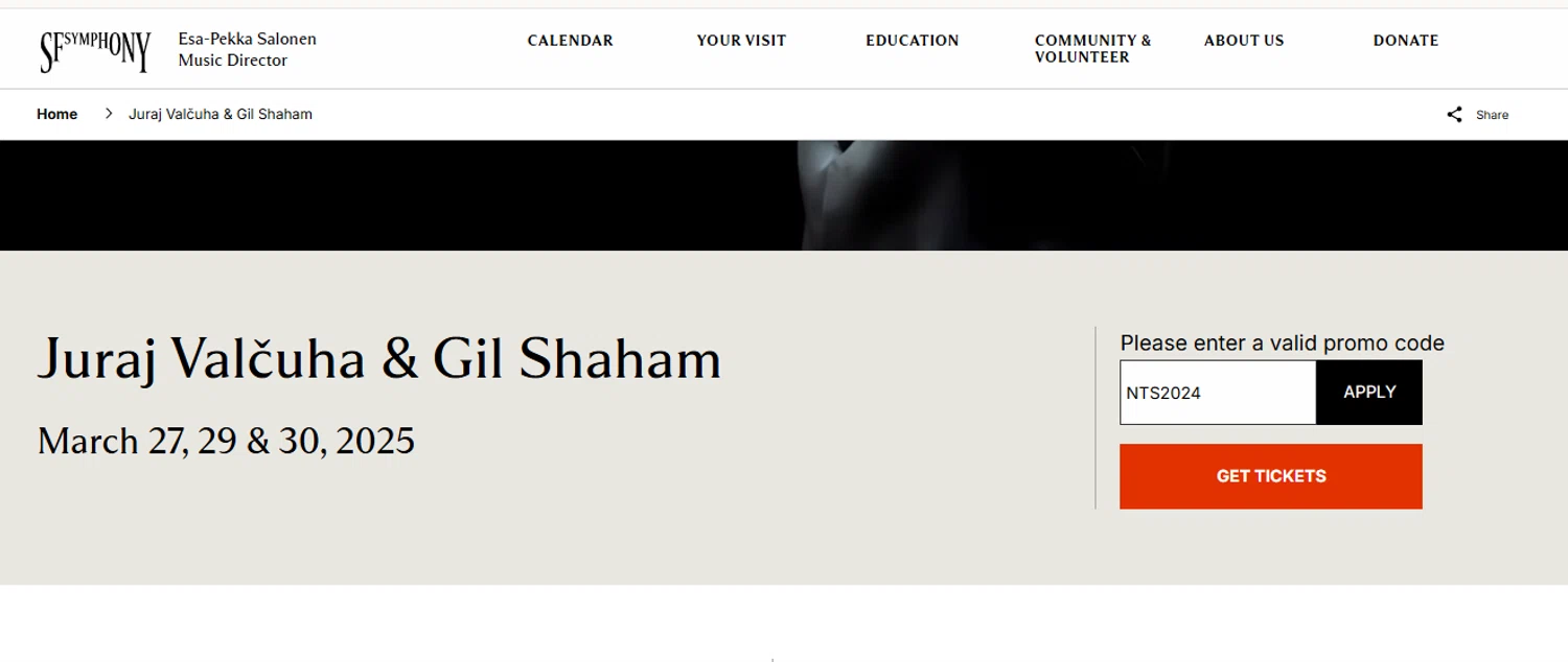 San Francisco Symphony promo code screenshot showing code NTS2024 applied at San Francisco Symphony checkout page. Uploaded by SimplyCodes community member Eminem on Mar 22, 2025