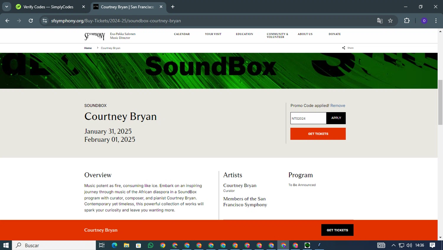 San Francisco Symphony checkout page showing San Francisco Symphony promo code box | Screenshot taken by SimplyCodes community member on Jan 29, 2025
