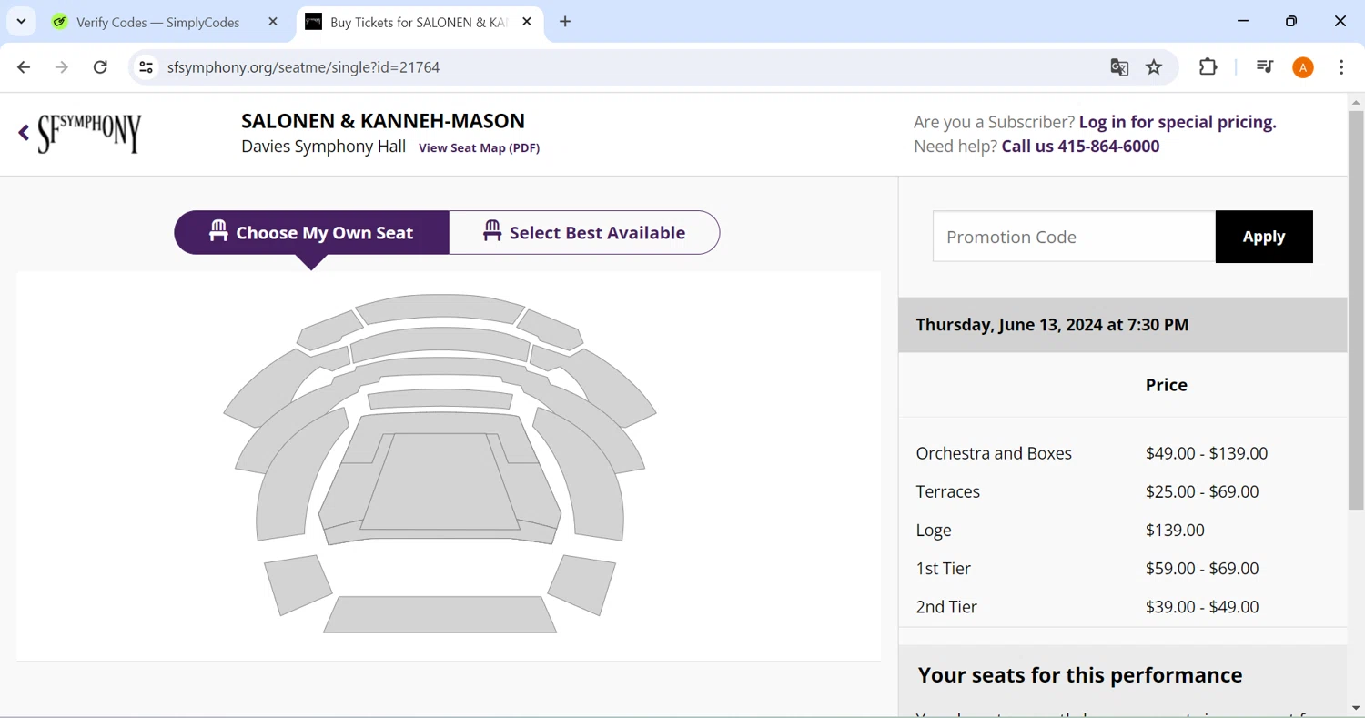 San Francisco Symphony checkout page showing San Francisco Symphony promo code box | Screenshot taken by SimplyCodes community member on Jun 13, 2024