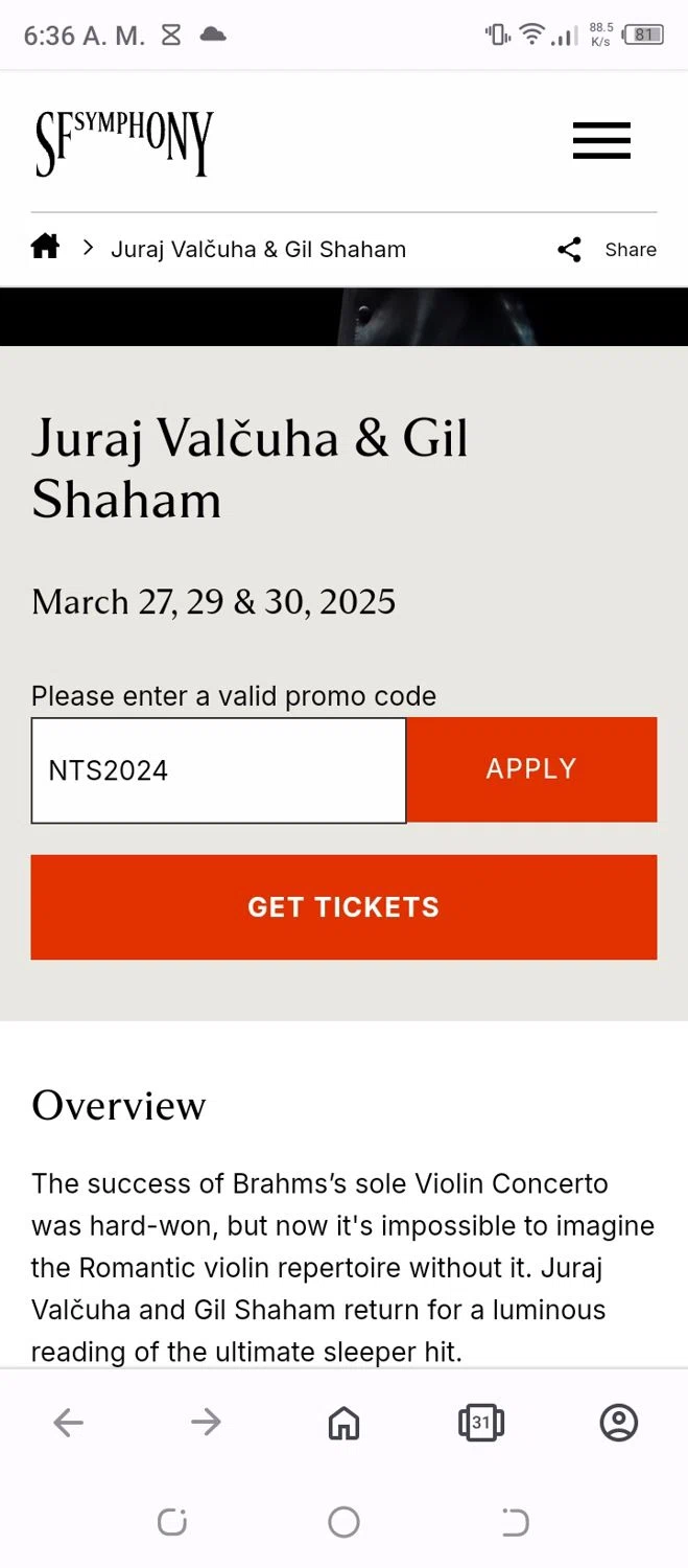 San Francisco Symphony promo code screenshot showing code NTS2024 applied at San Francisco Symphony checkout page. Uploaded by SimplyCodes community member VoucherFalcon3942 on Mar 22, 2025
