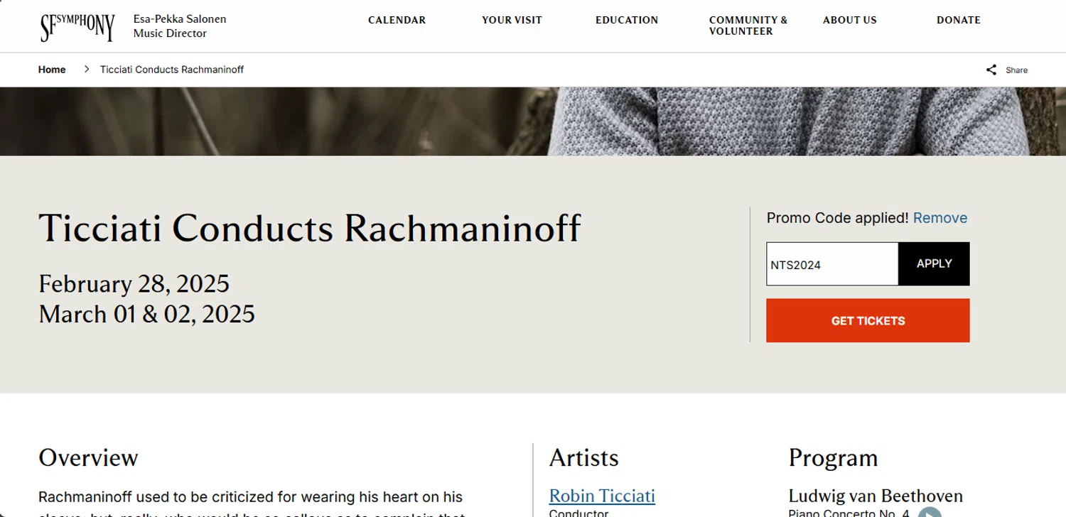 San Francisco Symphony checkout page showing San Francisco Symphony promo code box | Screenshot taken by SimplyCodes community member on Feb 27, 2025