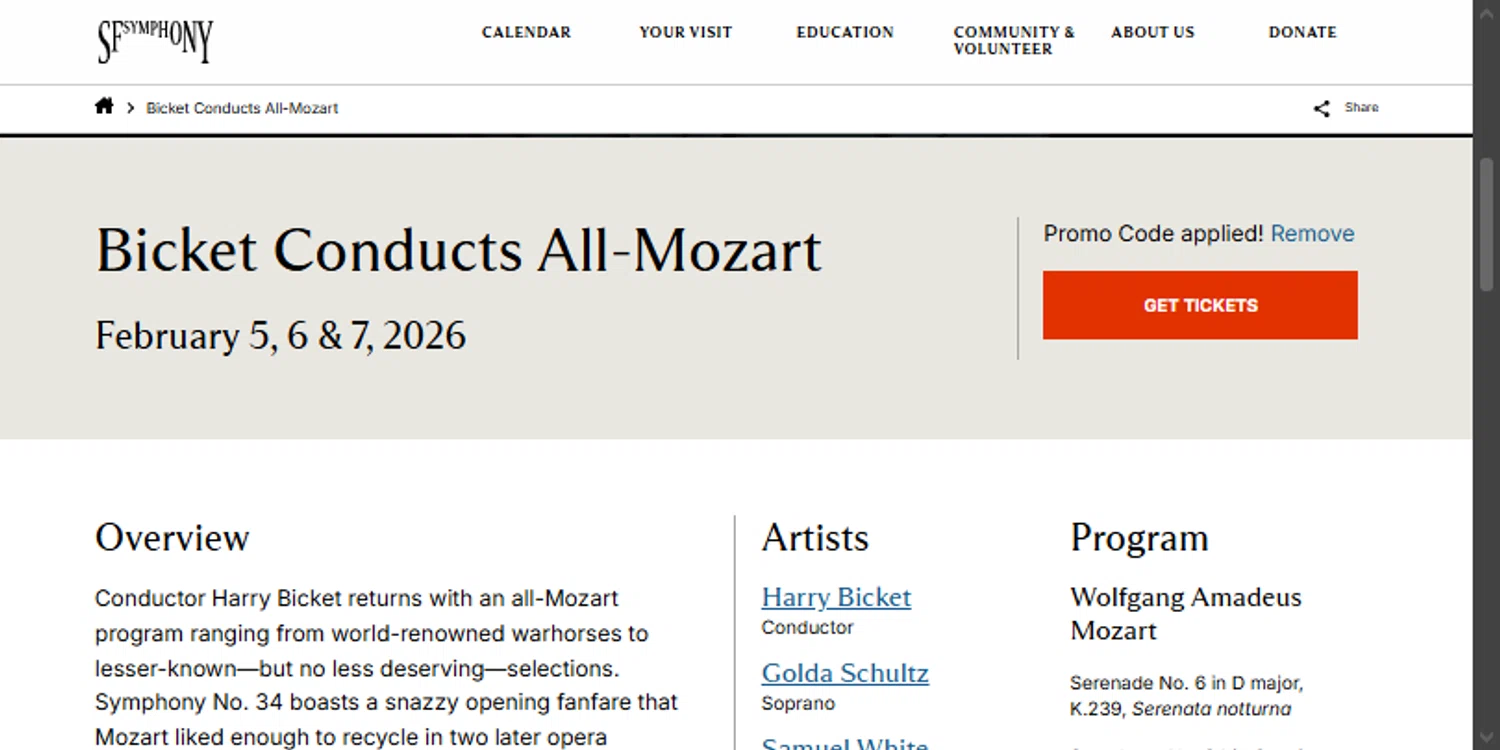 San Francisco Symphony promo code screenshot showing code 15909 applied at San Francisco Symphony checkout page. Uploaded by SimplyCodes community member TraxoGamer on Feb 5, 2026