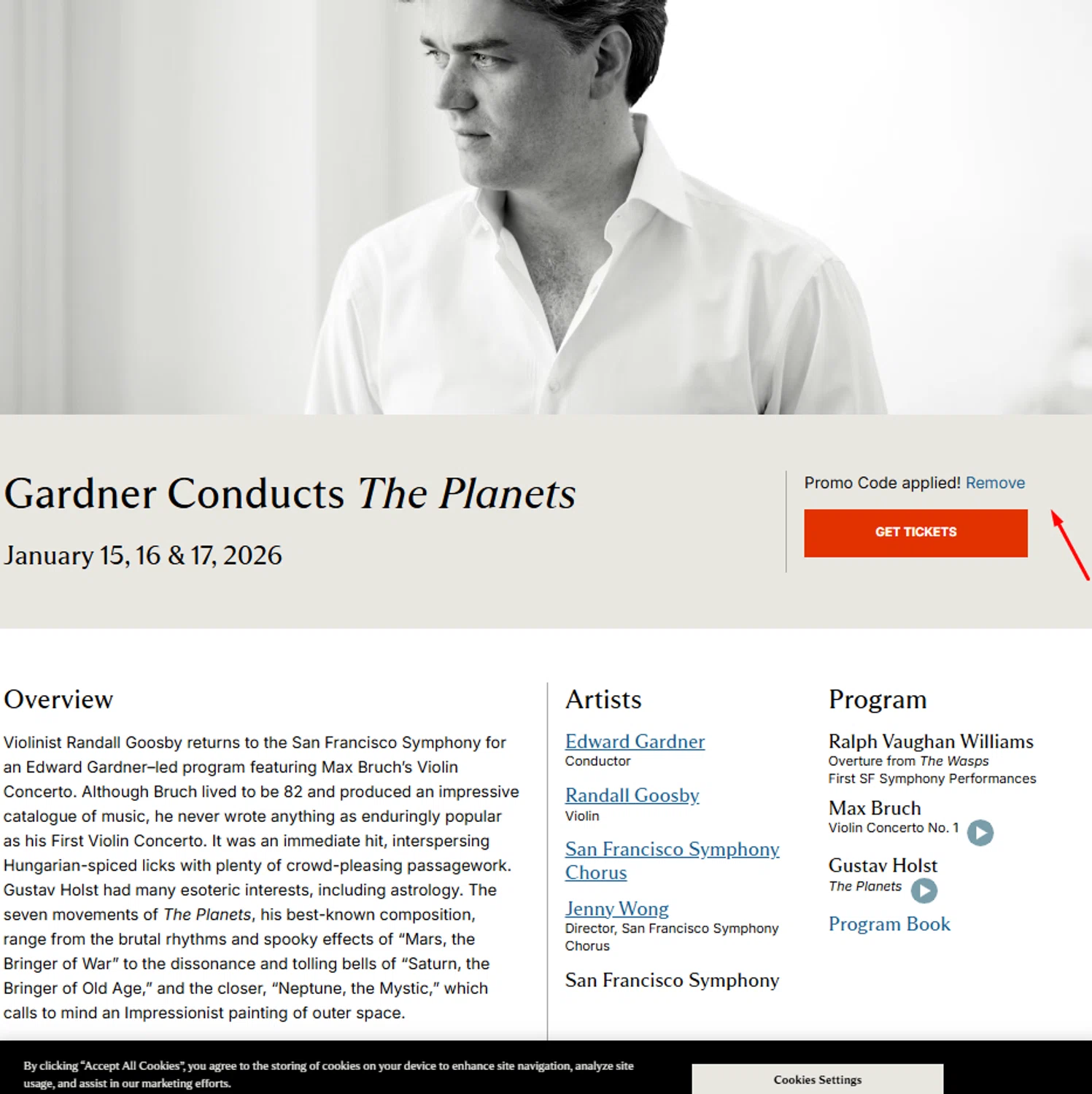 San Francisco Symphony promo code screenshot showing code 15909 applied at San Francisco Symphony checkout page. Uploaded by SimplyCodes community member reggiesmith on Jan 16, 2026