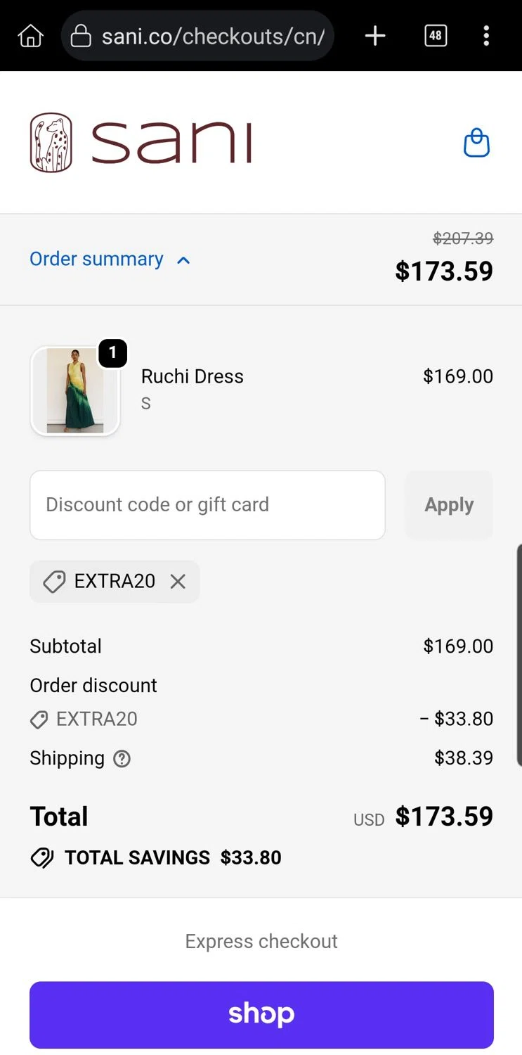 Sani checkout page showing Sani promo code box | Screenshot taken by SimplyCodes community member on Oct 8, 2025