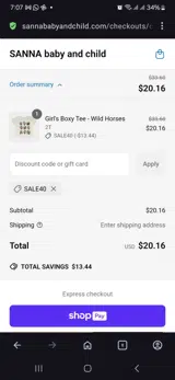 SANNA Baby and Child coupon verification screenshot