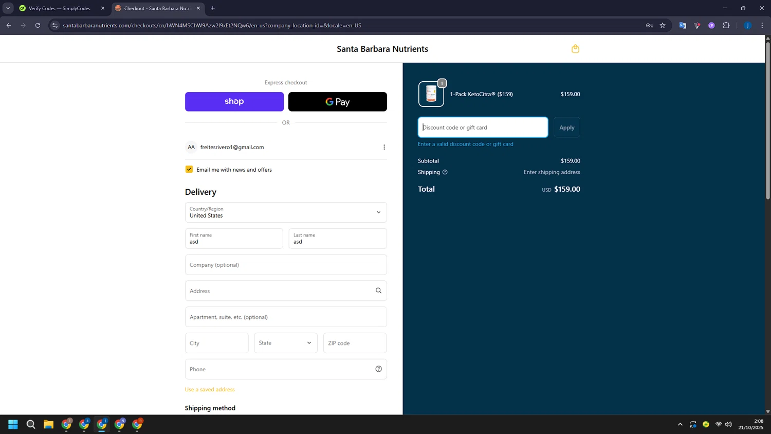 Santa Barbara Nutrients promo code screenshot showing code Welcome2024 applied at Santa Barbara Nutrients checkout page. Uploaded by SimplyCodes community member CashLegend3767 on Oct 21, 2025