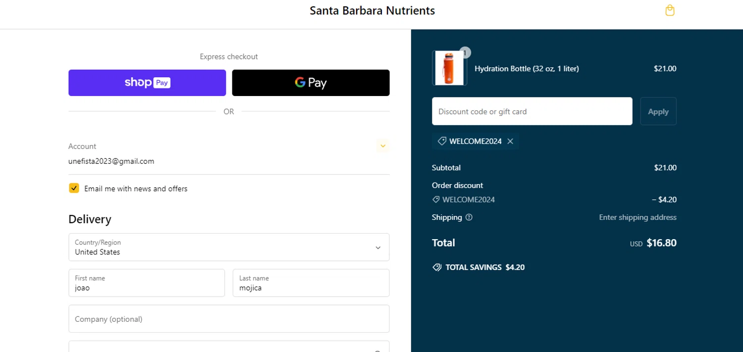 Santa Barbara Nutrients checkout page showing Santa Barbara Nutrients promo code box | Screenshot taken by SimplyCodes community member on Feb 2, 2025