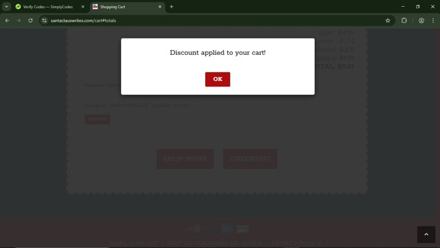 Santa Claus Writes checkout page showing Santa Claus Writes coupon code box | Screenshot taken by SimplyCodes community member on Mar 23, 2025
