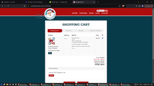 Santa Claus Writes checkout page showing Santa Claus Writes coupon code box | Screenshot taken by SimplyCodes community member on Jan 19, 2025