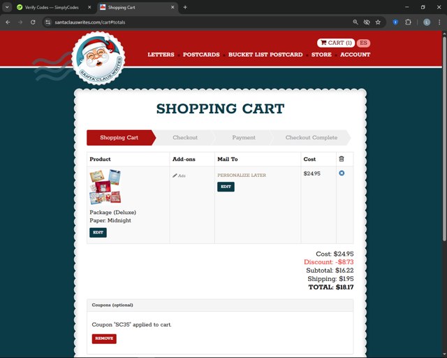 Santa Claus Writes checkout page showing Santa Claus Writes coupon code box | Screenshot taken by SimplyCodes community member on Apr 16, 2025