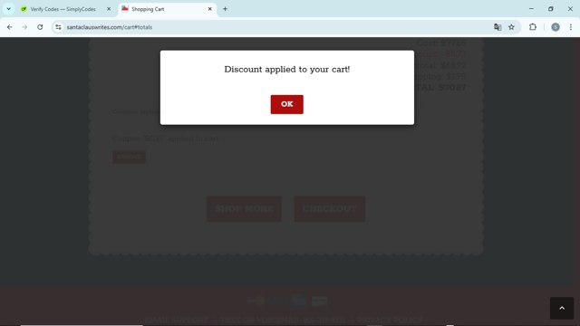Santa Claus Writes checkout page showing Santa Claus Writes coupon code box | Screenshot taken by SimplyCodes community member on Mar 18, 2025