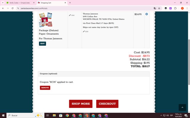 Santa Claus Writes checkout page showing Santa Claus Writes coupon code box | Screenshot taken by SimplyCodes community member on Apr 16, 2025