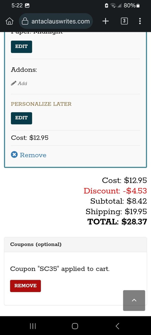 Santa Claus Writes checkout page showing Santa Claus Writes coupon code box | Screenshot taken by SimplyCodes community member on Dec 21, 2024
