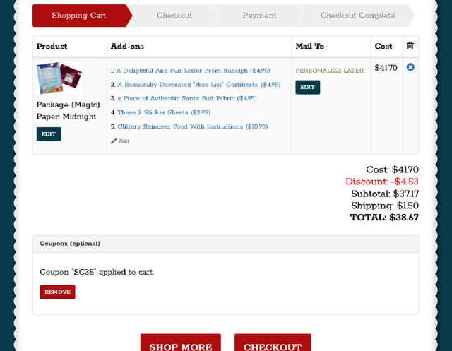 Santa Claus Writes checkout page showing Santa Claus Writes coupon code box | Screenshot taken by SimplyCodes community member on Apr 16, 2025