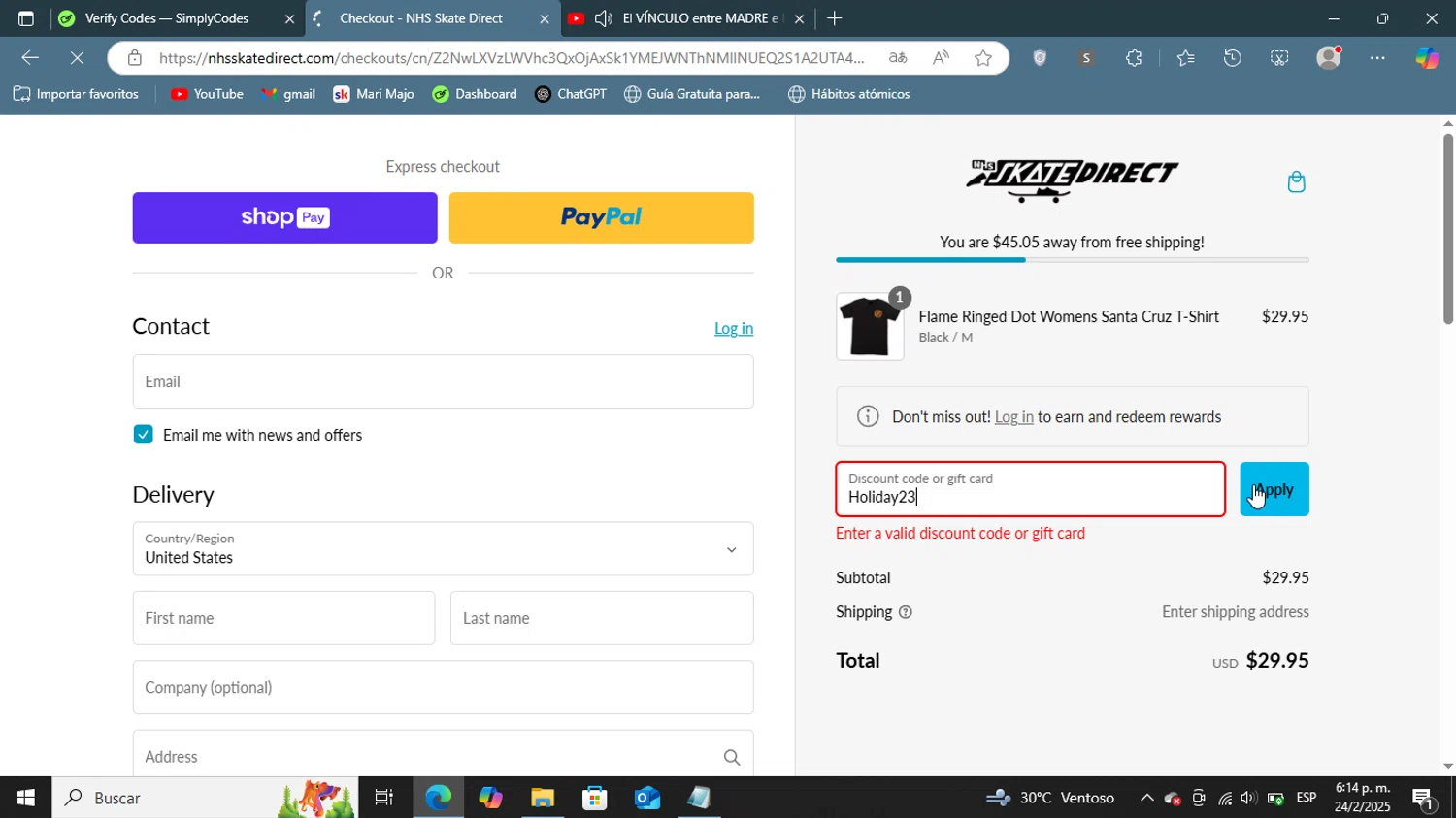 Santa Cruz discount code screenshot showing code Holiday23 applied at Santa Cruz checkout page. Uploaded by SimplyCodes community member ShieldGenius127 on Feb 24, 2025