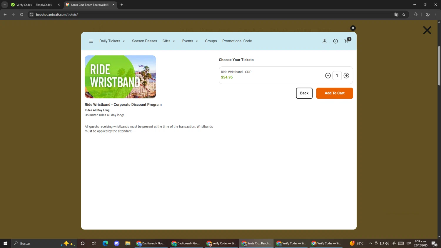 Santa Cruz Beach Boardwalk promo code screenshot showing code SCCFCU345 applied at Santa Cruz Beach Boardwalk checkout page. Uploaded by SimplyCodes community member Pirlo420 on Dec 22, 2025